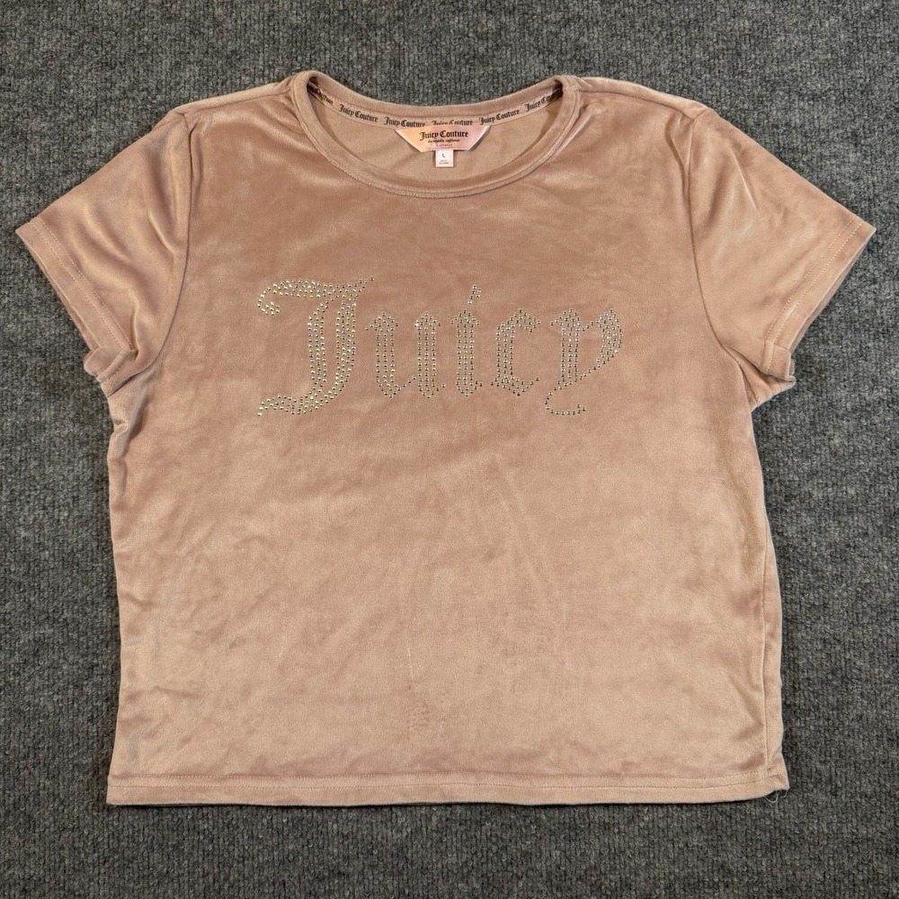 Y2K Juicy Couture Sleepwear Shirt Women's L Pink Velour Rhinestone Cropped